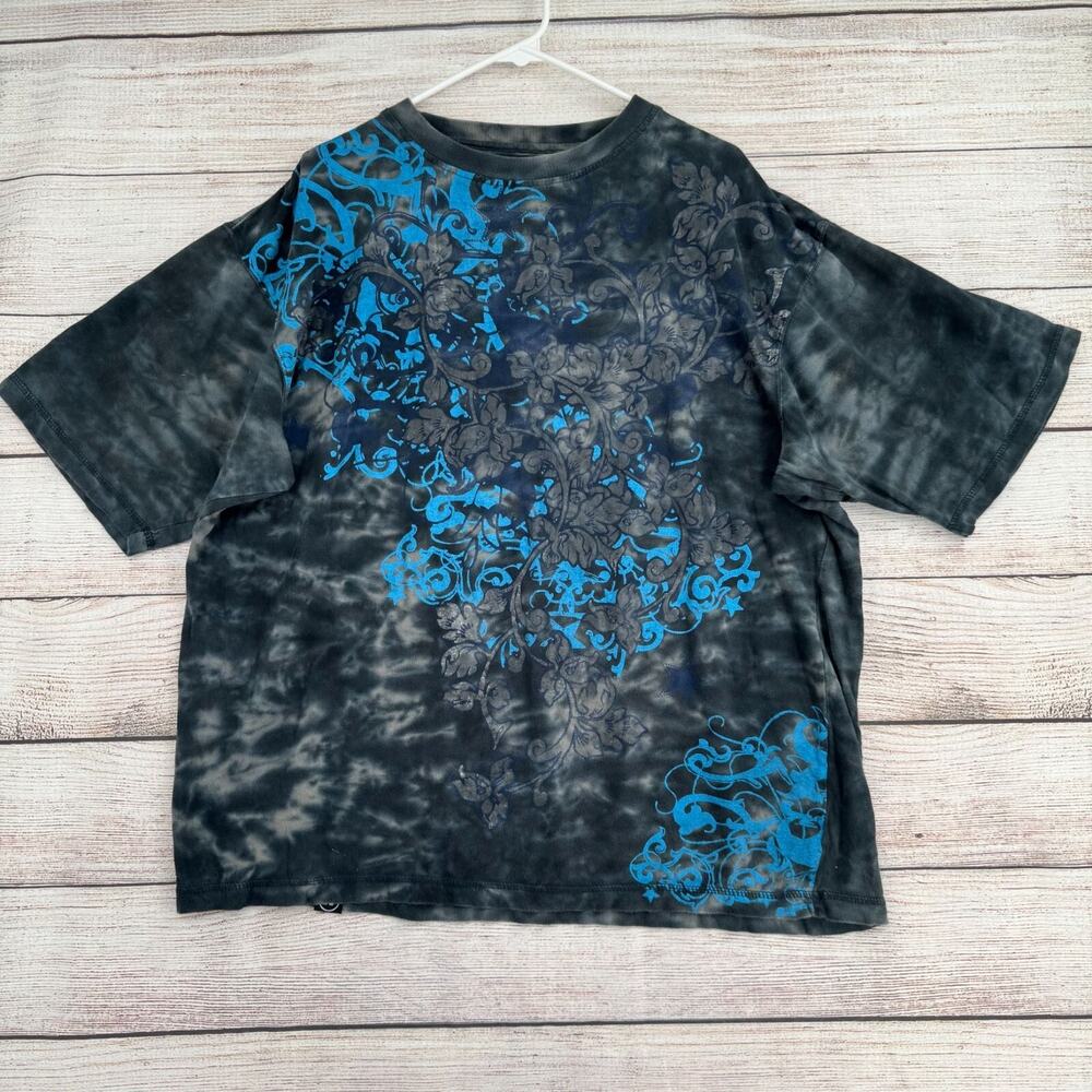 Vintage 90's Mecca USA Tie Dye Floral Print T-Shirt‎ Men's Size XL Gray/Blue